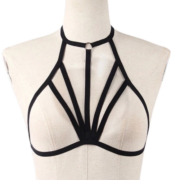 New! Black Halter Strap Cage Bra - Picture 2 of 9